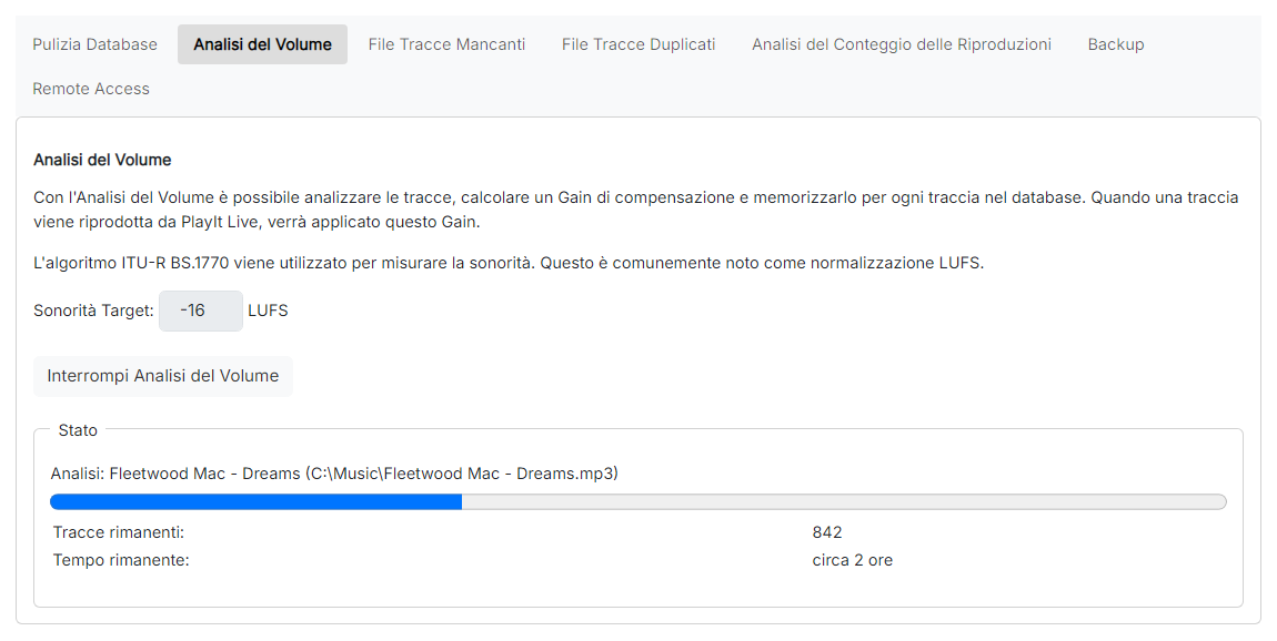 La pagina Analisi del Volume