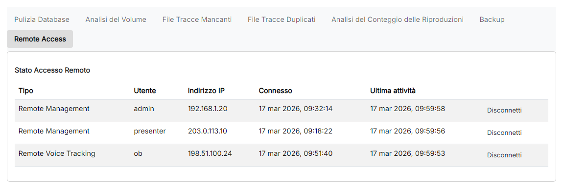 La pagina Remote Access