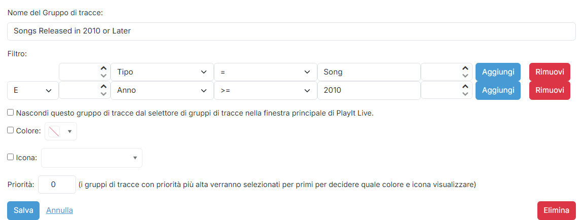 La pagina di modifica del gruppo di tracce filtrato