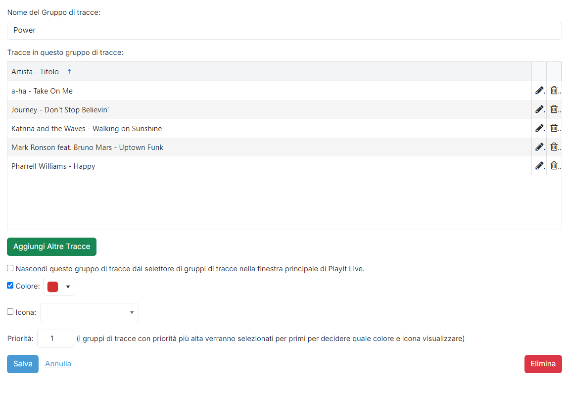 La pagina di modifica del gruppo di tracce listato
