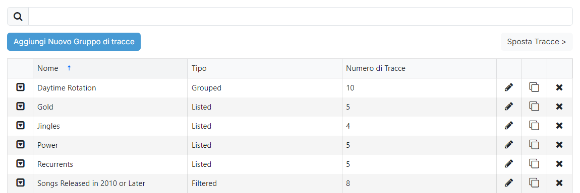 La pagina Elenco dei gruppi di tracce