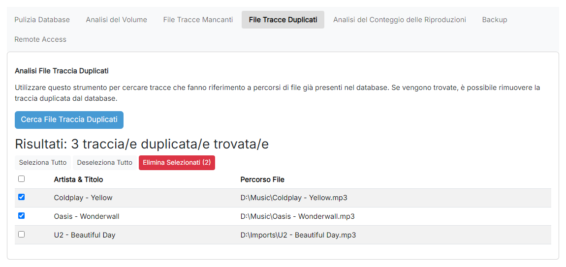 La tabella dei risultati dell'analisi dei file traccia duplicati con diverse righe selezionate e il pulsante «Elimina Selezionati» visibile