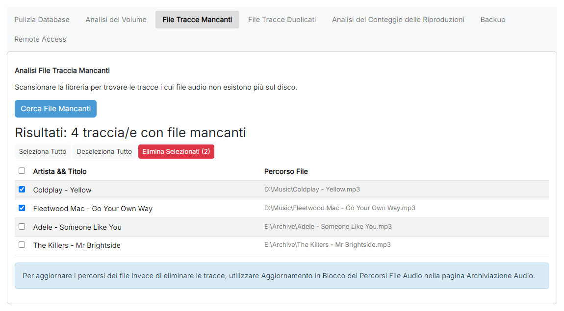 La tabella dei risultati dell'analisi dei file di traccia mancanti con diverse righe selezionate e il pulsante Elimina Selezionati visibile