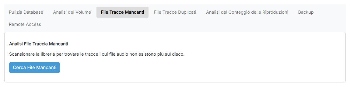La pagina Analisi File Traccia Mancanti con il pulsante Cerca File Mancanti