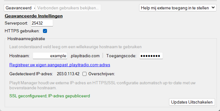 PlayIt Manager-server configureren, sectie Geavanceerde Instellingen