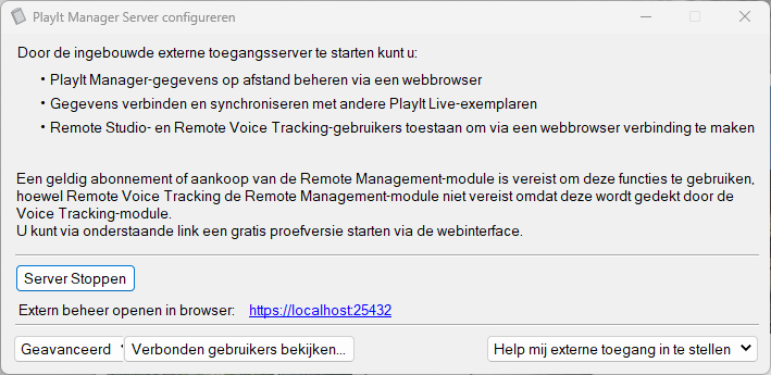 Venster „PlayIt Manager Server configureren“ met de server gestart