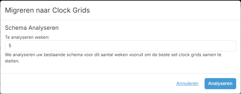 De wizard «Migreren naar Clock Grids» op de stap «Schema Analyseren»