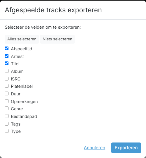 Een dialoogvenster met de velden die in het geëxporteerde CSV-bestand kunnen worden opgenomen, met selectievakjes en de knoppen Alles selecteren, Niets selecteren, Annuleren en Exporteren