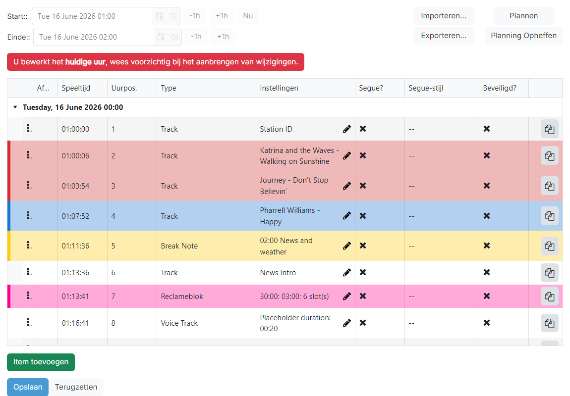 De Playout Log-pagina in bewerkingsmodus