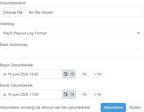 Het popup-venster Playout Log Importeren