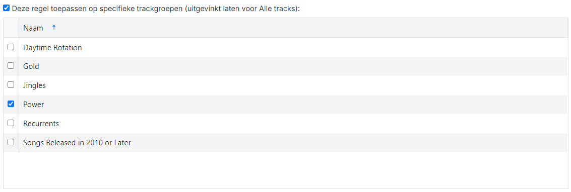 Selectievakje Toepassen op specifieke trackgroepen