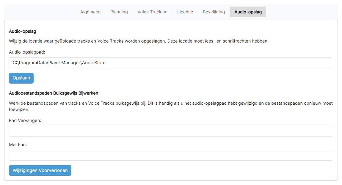 De pagina Instellingen voor audio-opslag