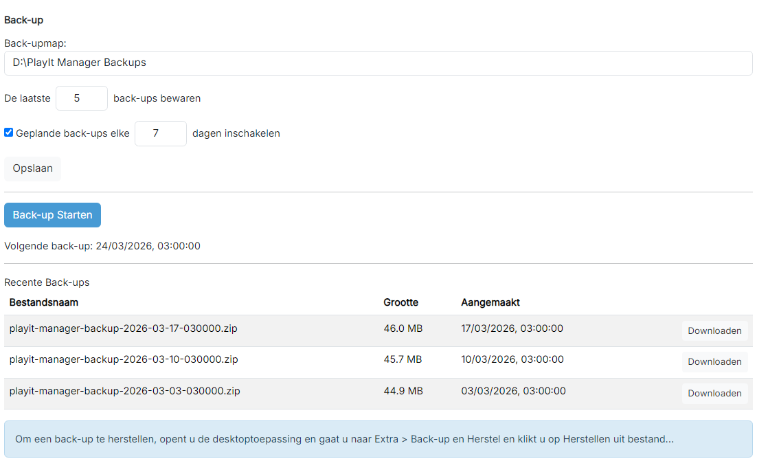 De pagina Back-up met de back-upmap, de instellingen voor bewaring en planning, de knop Back-up Starten en een lijst met recente back-ups.