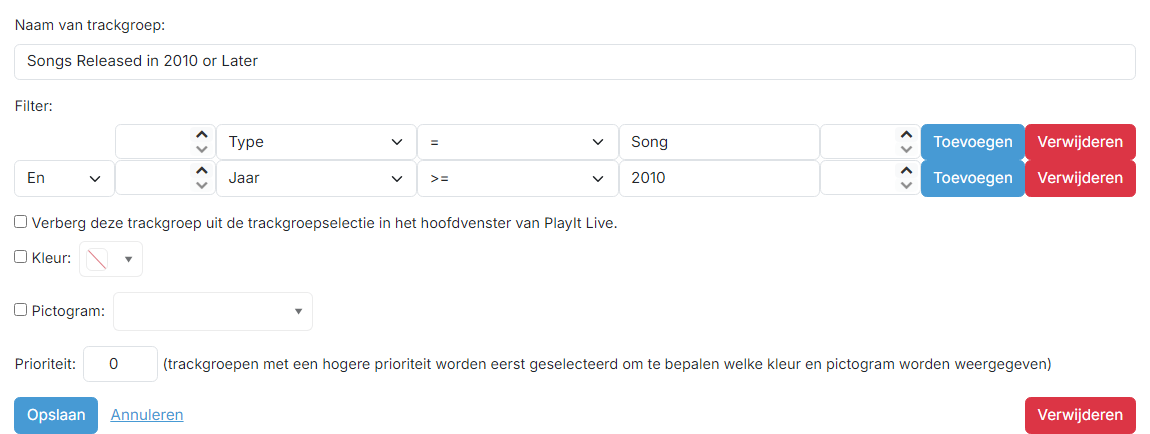 De bewerkingspagina voor gefilterde trackgroepen