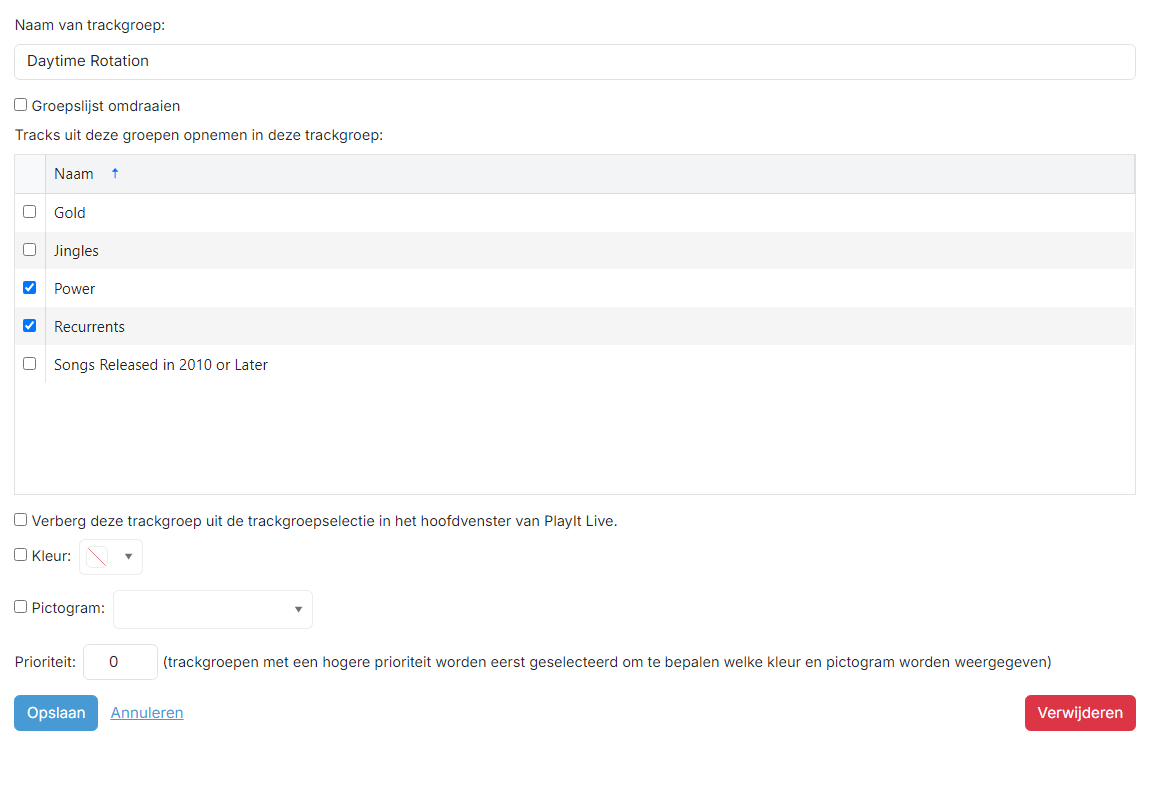 De bewerkingspagina voor gegroepeerde trackgroepen