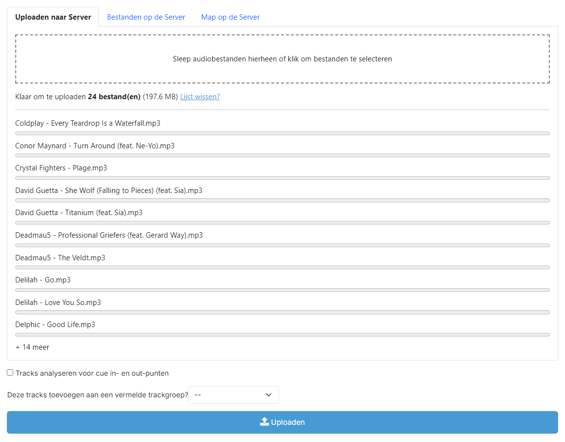 De pagina Tracks Toevoegen met bestanden in de wachtrij voor upload