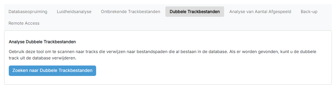 De pagina Analyse Dubbele Trackbestanden met de knop «Zoeken naar Dubbele Trackbestanden»