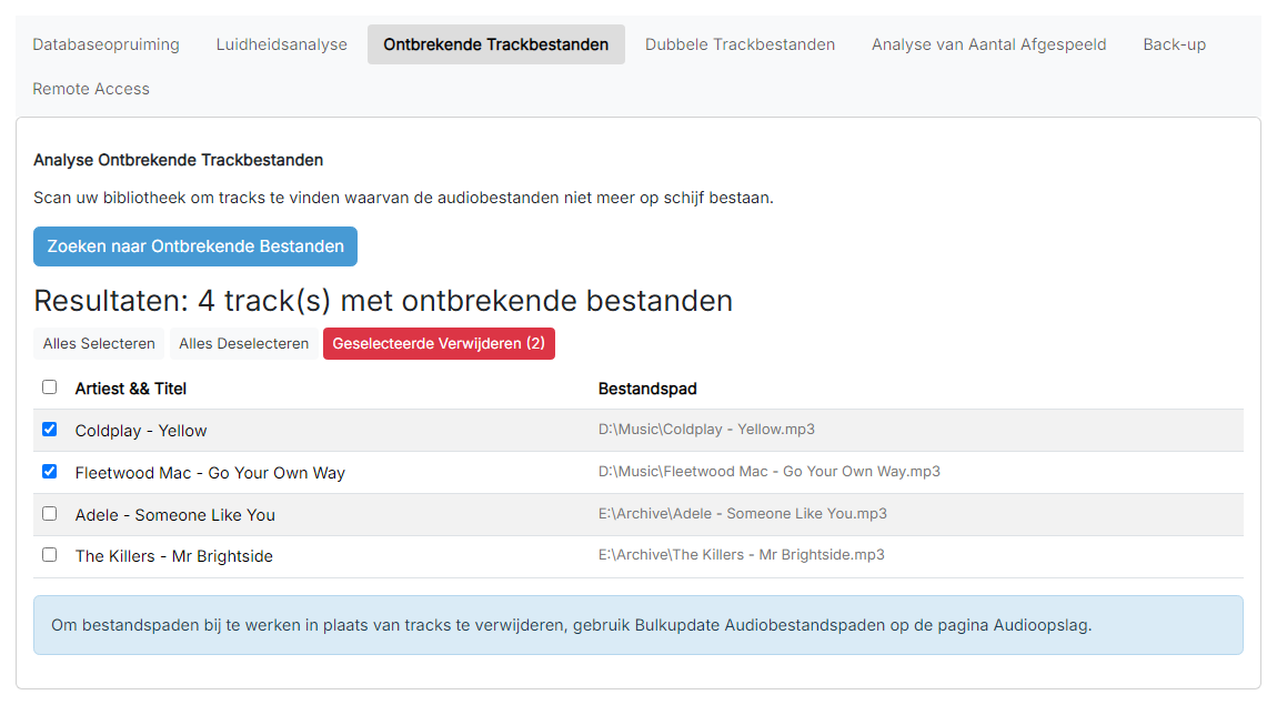 De resultaatentabel van de scan op ontbrekende trackbestanden met meerdere geselecteerde rijen en de knop Geselecteerde Verwijderen zichtbaar