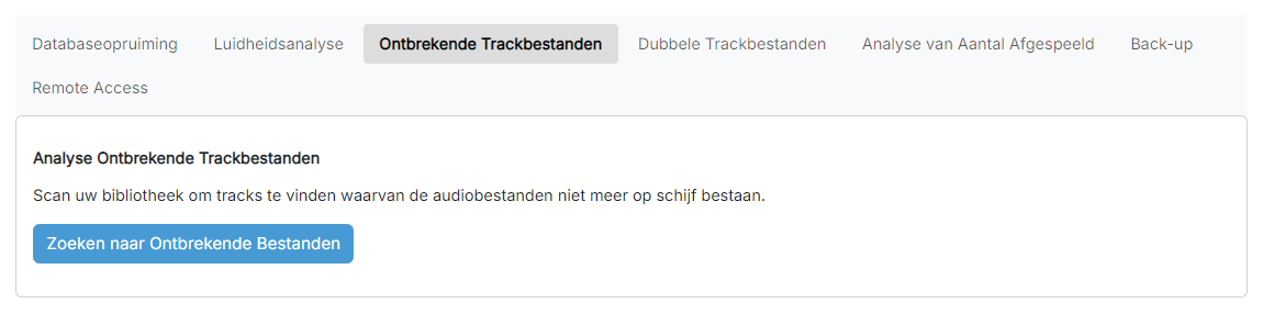 De pagina Analyse Ontbrekende Trackbestanden met de knop Zoeken naar Ontbrekende Bestanden