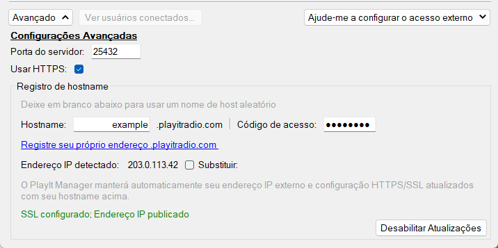 Configurar o servidor PlayIt Manager, seção de Configurações Avançadas