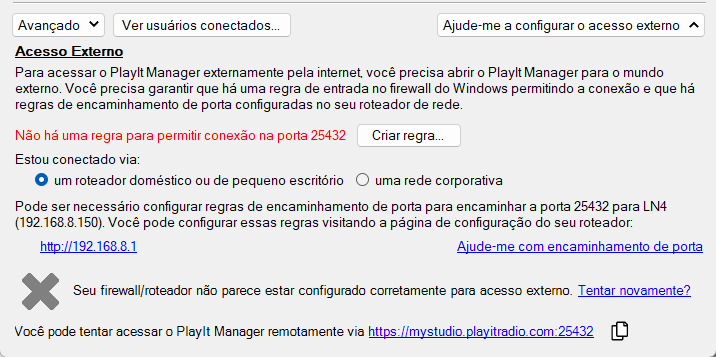 Configurar servidor do PlayIt Manager, seção de Acesso Externo