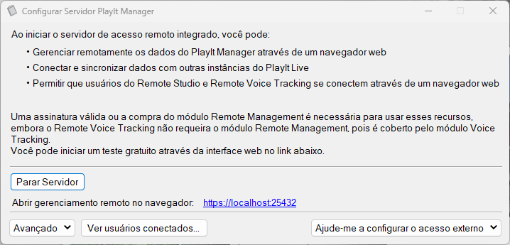 Janela «Configurar Servidor PlayIt Manager» com o servidor iniciado