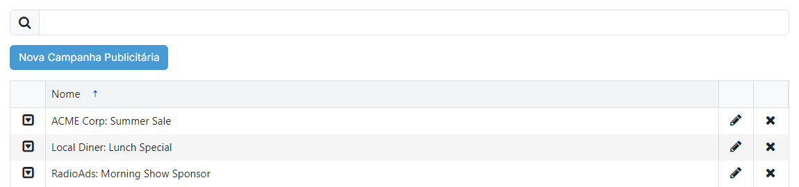 A página de lista de campanhas publicitárias