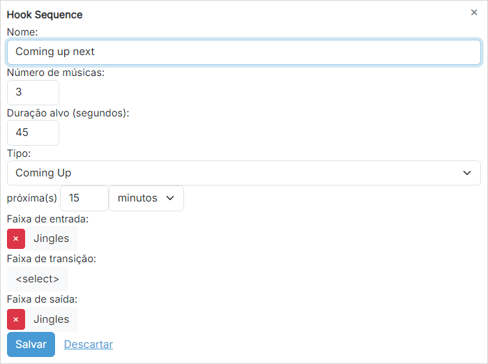 Configurações da Hook Sequence