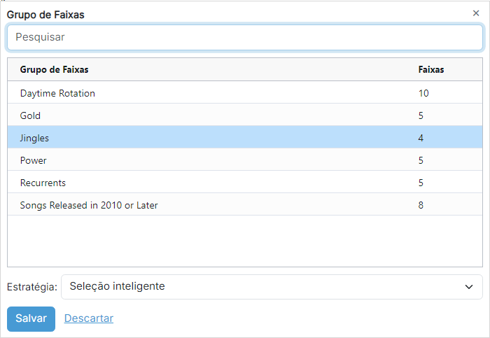 Configurações do Grupo de Faixas