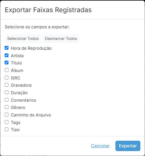 Uma caixa de diálogo listando os campos que podem ser incluídos no arquivo CSV exportado, com caixas de seleção e os botões Selecionar Todos, Desmarcar Todos, Cancelar e Exportar