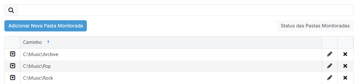 A página Listagem de pastas monitoradas