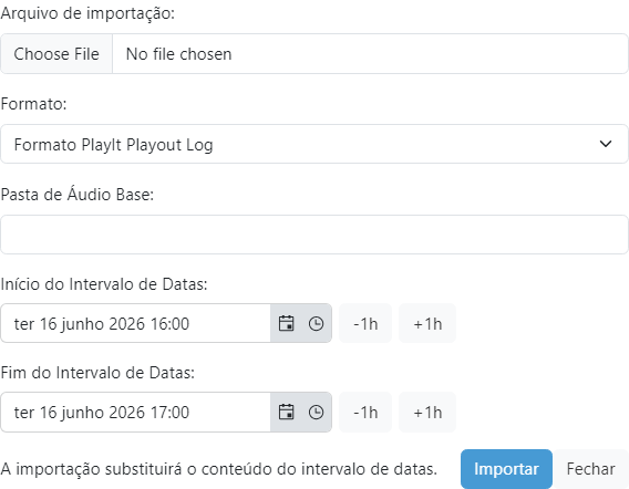 O popup Importar Playout Log