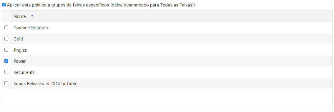 Caixa de seleção Aplicar a grupos de faixas específicos