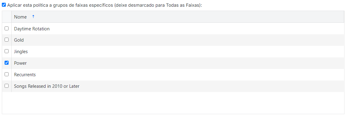 Caixa de seleção Aplicar a grupos de faixas específicos