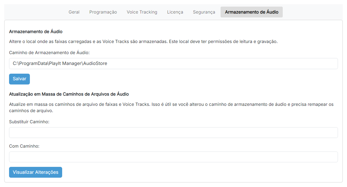 A página de configurações de armazenamento de áudio