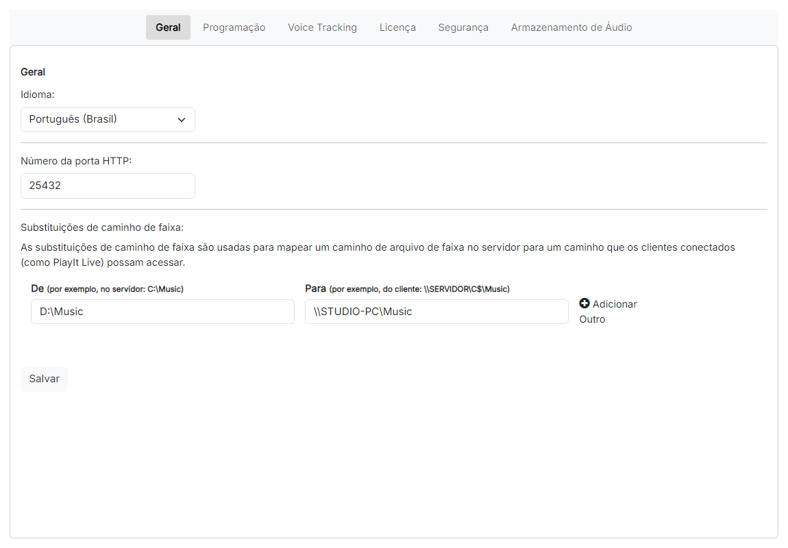 A página de Configurações Gerais