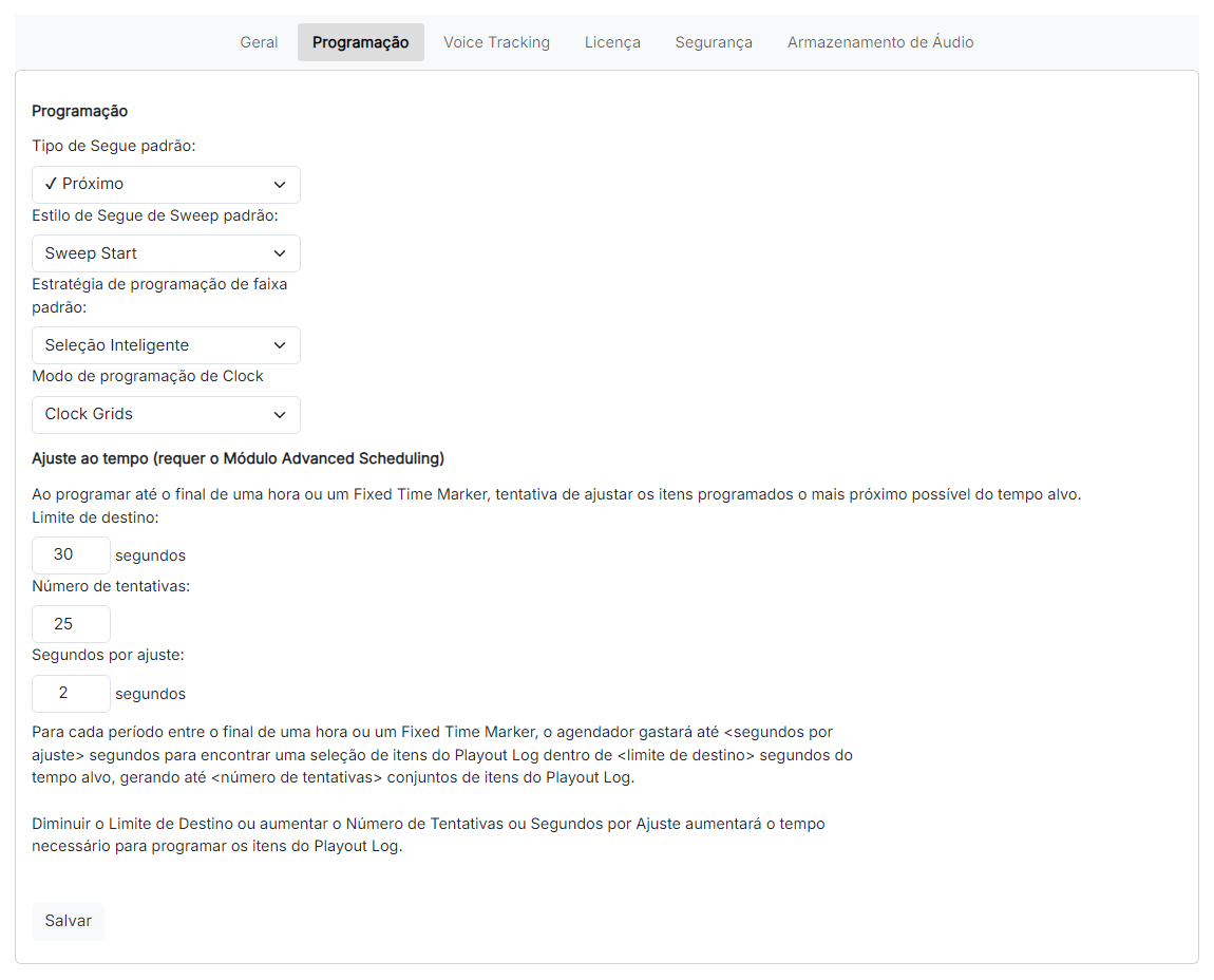 A página de Configurações de programação