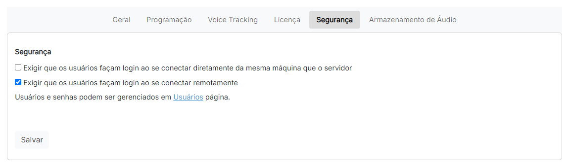 A página de configurações de segurança