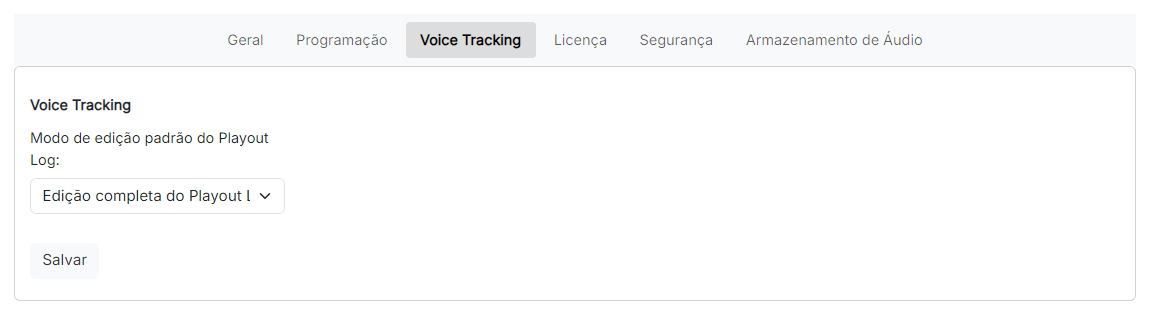 A página Configurações de Voice Tracking