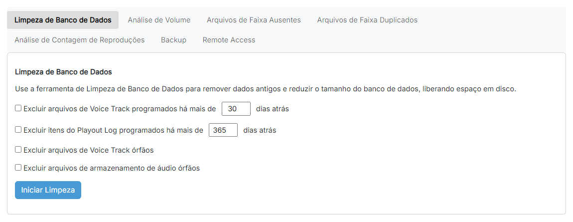 A página Limpeza de Banco de Dados