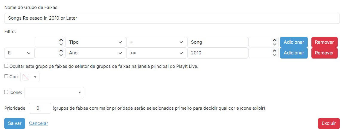 A página de edição do grupo de faixas filtrado