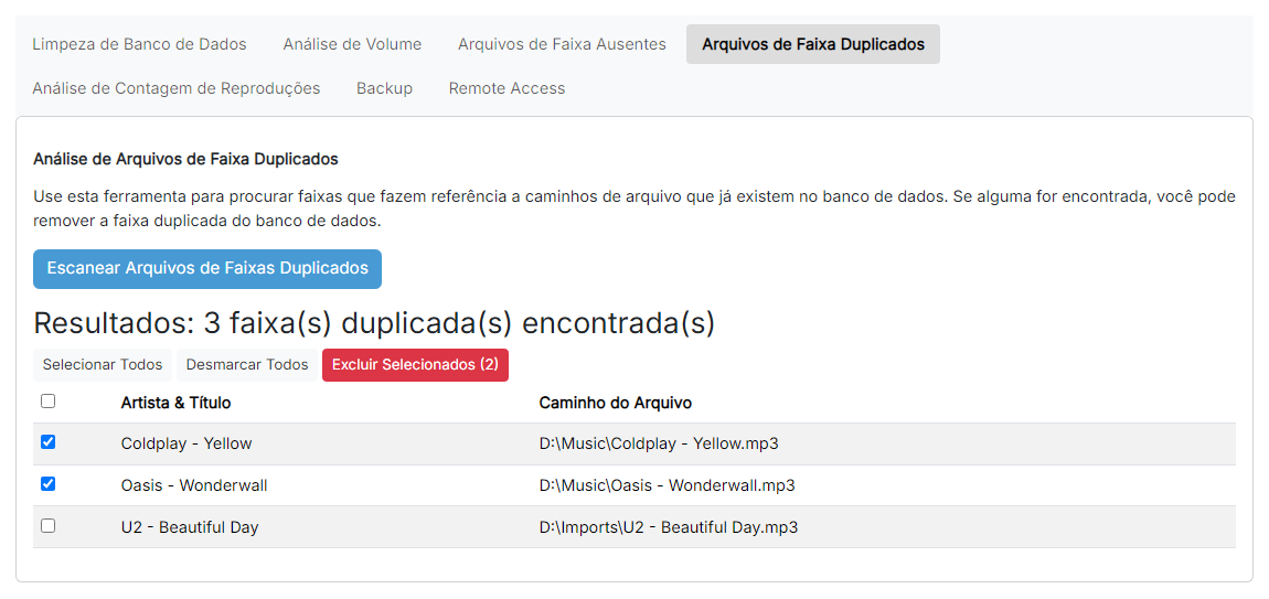 A tabela de resultados da verificação de arquivos de faixa duplicados com várias linhas selecionadas e o botão «Excluir Selecionados» visível