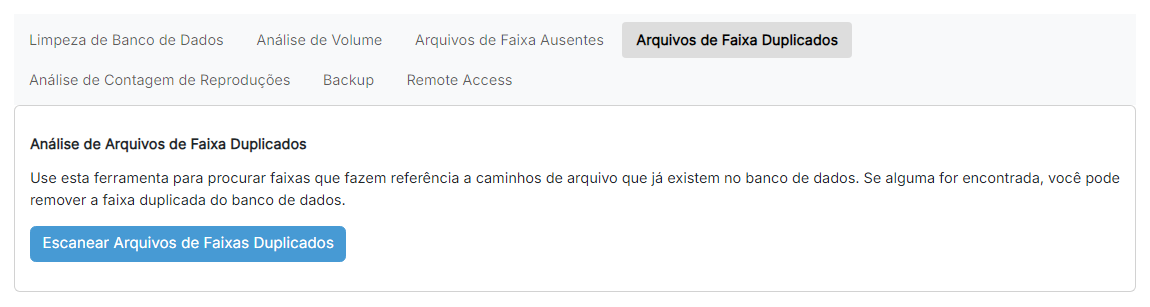 A página Análise de Arquivos de Faixa Duplicados com o botão «Escanear Arquivos de Faixas Duplicados»