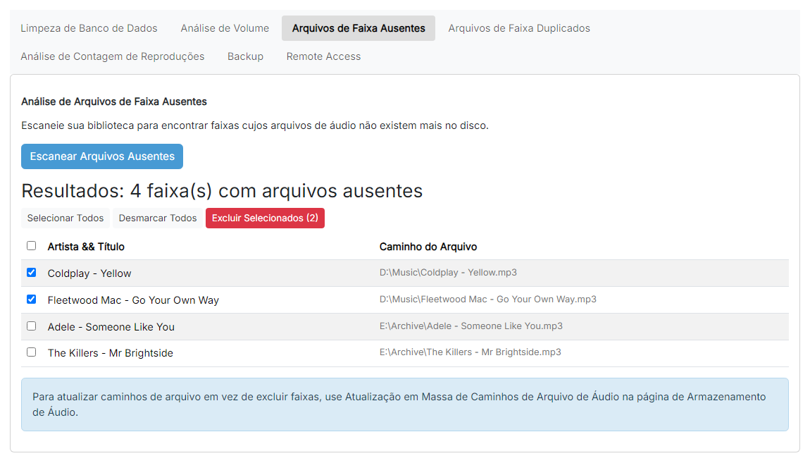 A tabela de resultados da análise de arquivos de faixa ausentes com várias linhas selecionadas e o botão Excluir Selecionados visível