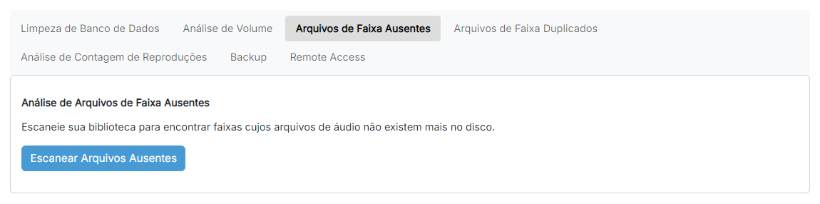 A página Análise de Arquivos de Faixa Ausentes com o botão Escanear Arquivos Ausentes