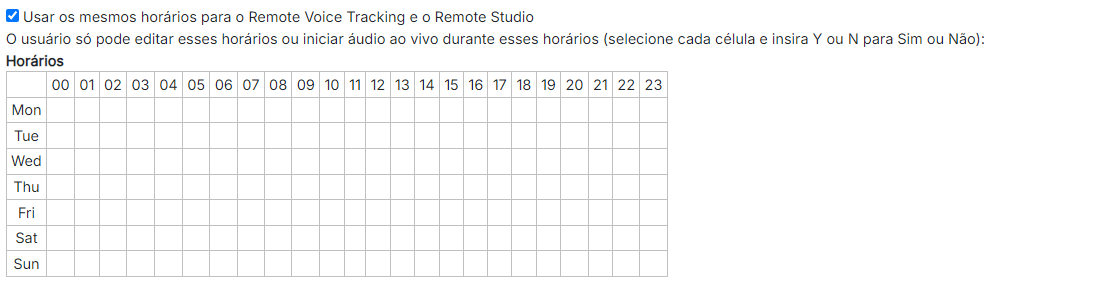 Horários de Remote Voice Tracking e Remote Studio