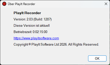 Fenster „Über PlayIt Recorder“ mit der Anzeige, dass die Version aktuell ist