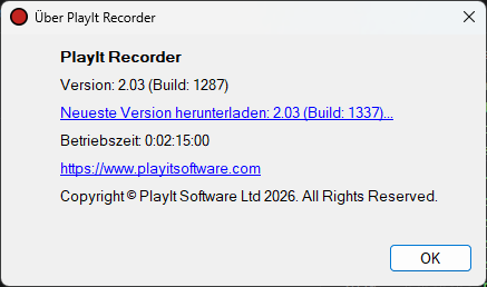 Fenster „Über PlayIt Recorder“ mit der Anzeige, dass ein Update verfügbar ist