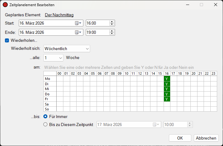 Fenster „Zeitplanelement Bearbeiten“