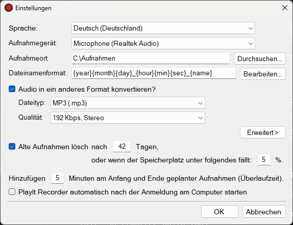 Einstellungsfenster von PlayIt Recorder